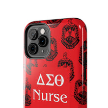 Load image into Gallery viewer, Phone Case in Red with DST Crest in Black with DST Nurse Theme
