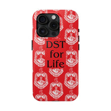 Load image into Gallery viewer, Phone Case in Red with DST Crest in White and DST for Life in Black
