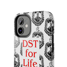 Load image into Gallery viewer, Phone Case in White with the DST Crest in Black and DST for Life in Red
