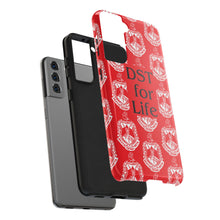 Load image into Gallery viewer, Phone Case in Red with DST Crest in White and DST for Life in Black
