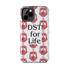 Load image into Gallery viewer, Phone Case in White with DST Crest in Red and DST for Life in Black
