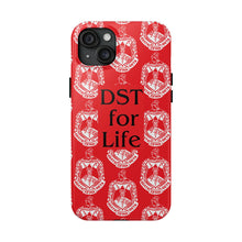 Load image into Gallery viewer, Phone Case in Red with DST Crest in White and DST for Life in Black
