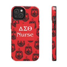 Load image into Gallery viewer, Phone Case in Red with DST Crest in Black with DST Nurse Theme
