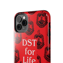 Load image into Gallery viewer, Phone Case in Red with DST Crest in Black with DST for Life in White
