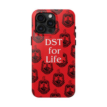 Load image into Gallery viewer, Phone Case in Red with DST Crest in Black with DST for Life in White
