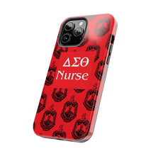 Load image into Gallery viewer, Phone Case in Red with DST Crest in Black with DST Nurse Theme
