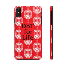 Load image into Gallery viewer, Phone Case in Red with DST Crest in White and DST for Life in Black
