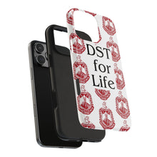 Load image into Gallery viewer, Phone Case in White with DST Crest in Red and DST for Life in Black
