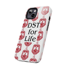 Load image into Gallery viewer, Phone Case in White with DST Crest in Red and DST for Life in Black
