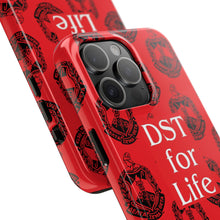 Load image into Gallery viewer, Phone Case in Red with DST Crest in Black with DST for Life in White
