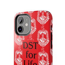 Load image into Gallery viewer, Phone Case in Red with DST Crest in White and DST for Life in Black
