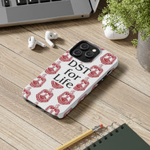 Load image into Gallery viewer, Phone Case in White with DST Crest in Red and DST for Life in Black
