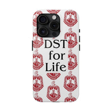 Load image into Gallery viewer, Phone Case in White with DST Crest in Red and DST for Life in Black
