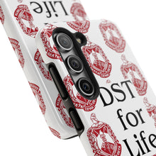 Load image into Gallery viewer, Phone Case in White with DST Crest in Red and DST for Life in Black
