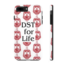 Load image into Gallery viewer, Phone Case in White with DST Crest in Red and DST for Life in Black
