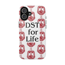 Load image into Gallery viewer, Phone Case in White with DST Crest in Red and DST for Life in Black
