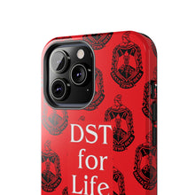 Load image into Gallery viewer, Phone Case in Red with DST Crest in Black with DST for Life in White
