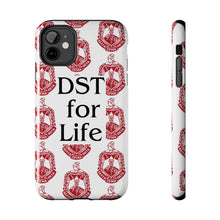 Load image into Gallery viewer, Phone Case in White with DST Crest in Red and DST for Life in Black
