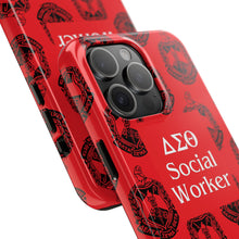 Load image into Gallery viewer, Phone Case in Red with DST Crest in Black with DST Social Worker Theme
