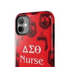 Load image into Gallery viewer, Phone Case in Red with DST Crest in Black with DST Nurse Theme
