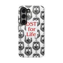 Load image into Gallery viewer, Phone Case in White with the DST Crest in Black and DST for Life in Red
