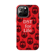 Load image into Gallery viewer, Phone Case in Red with DST Crest in Black with DST for Life in White
