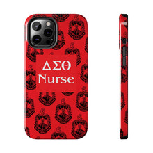 Load image into Gallery viewer, Phone Case in Red with DST Crest in Black with DST Nurse Theme
