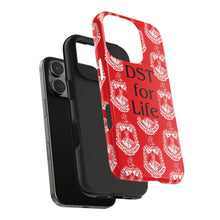 Load image into Gallery viewer, Phone Case in Red with DST Crest in White and DST for Life in Black
