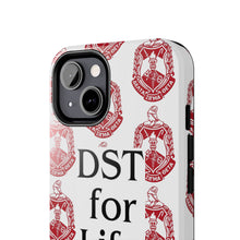 Load image into Gallery viewer, Phone Case in White with DST Crest in Red and DST for Life in Black
