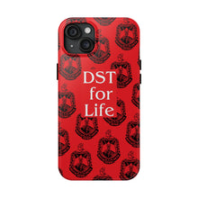 Load image into Gallery viewer, Phone Case in Red with DST Crest in Black with DST for Life in White
