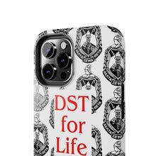 Load image into Gallery viewer, Phone Case in White with the DST Crest in Black and DST for Life in Red
