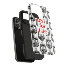 Load image into Gallery viewer, Phone Case in White with the DST Crest in Black and DST for Life in Red
