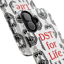 Load image into Gallery viewer, Phone Case in White with the DST Crest in Black and DST for Life in Red
