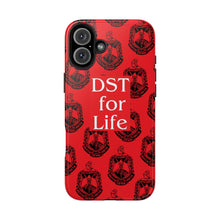 Load image into Gallery viewer, Phone Case in Red with DST Crest in Black with DST for Life in White
