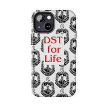 Load image into Gallery viewer, Phone Case in White with the DST Crest in Black and DST for Life in Red
