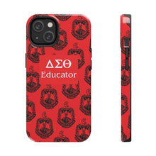 Load image into Gallery viewer, Phone Case in Red with DST Crest in Black with DST Educator Theme
