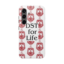 Load image into Gallery viewer, Phone Case in White with DST Crest in Red and DST for Life in Black
