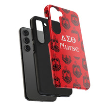 Load image into Gallery viewer, Phone Case in Red with DST Crest in Black with DST Nurse Theme
