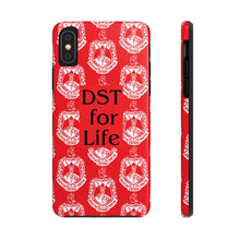 Load image into Gallery viewer, Phone Case in Red with DST Crest in White and DST for Life in Black
