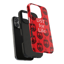 Load image into Gallery viewer, Phone Case in Red with DST Crest in Black with DST for Life in White
