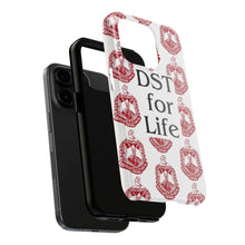 Load image into Gallery viewer, Phone Case in White with DST Crest in Red and DST for Life in Black
