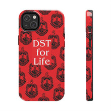 Load image into Gallery viewer, Phone Case in Red with DST Crest in Black with DST for Life in White
