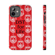 Load image into Gallery viewer, Phone Case in Red with DST Crest in White and DST for Life in Black
