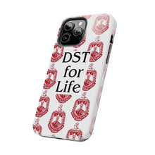 Load image into Gallery viewer, Phone Case in White with DST Crest in Red and DST for Life in Black
