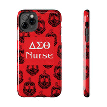 Load image into Gallery viewer, Phone Case in Red with DST Crest in Black with DST Nurse Theme
