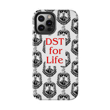 Load image into Gallery viewer, Phone Case in White with the DST Crest in Black and DST for Life in Red
