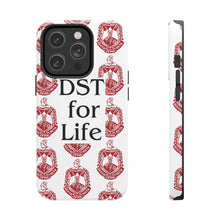 Load image into Gallery viewer, Phone Case in White with DST Crest in Red and DST for Life in Black
