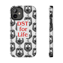 Load image into Gallery viewer, Phone Case in White with the DST Crest in Black and DST for Life in Red
