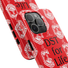 Load image into Gallery viewer, Phone Case in Red with DST Crest in White and DST for Life in Black
