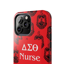 Load image into Gallery viewer, Phone Case in Red with DST Crest in Black with DST Nurse Theme
